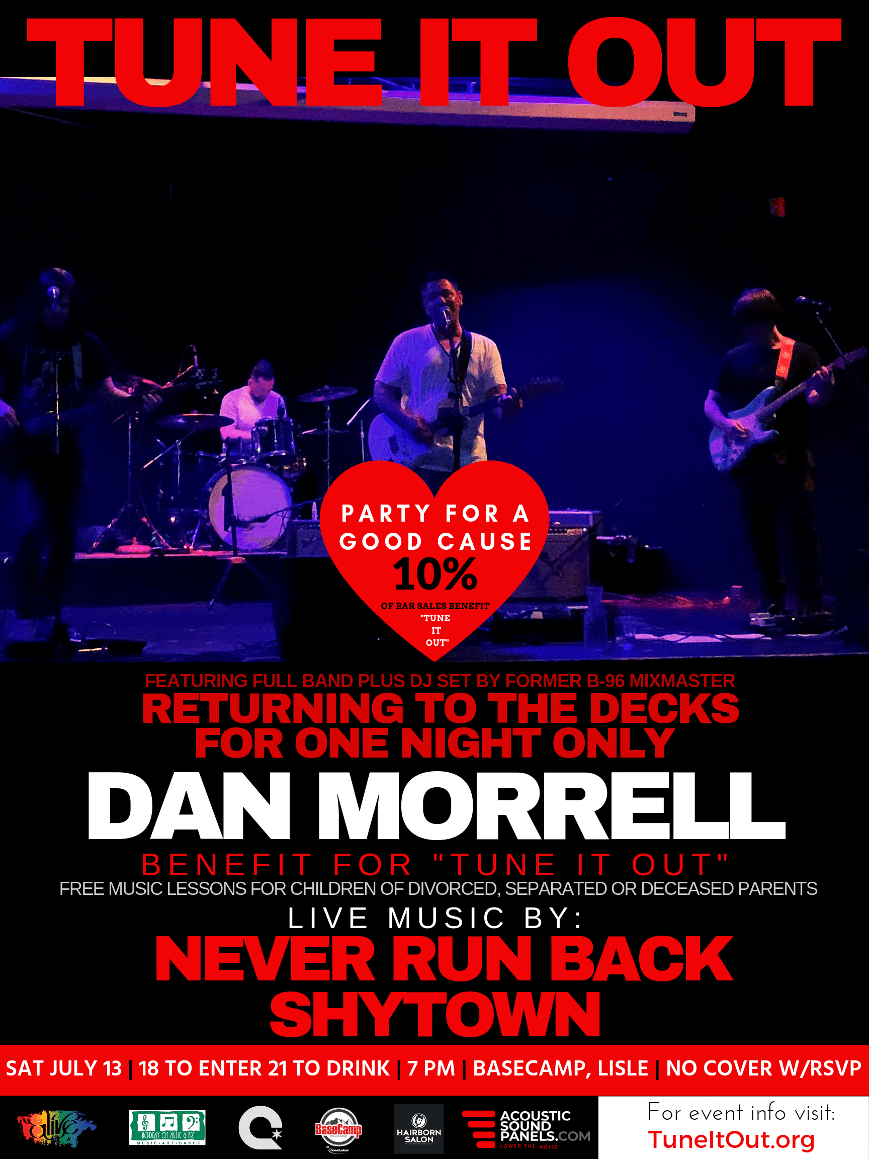 Former B96 Mixmaster Dan Morrell is coming out of “DJ Retirement” for ONE Night Only for charity. Immediately following a full band set by Dan’s band “Never Run Back” the lead singer / guitarist will keep the party going by mixing a set of classic feel good party music that he is known for.